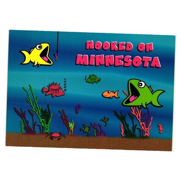 Hooked On Minnesota Novelty Postcard Cartoon Fish Ocean Scene Souvenir Travel - Picture 1 of 2